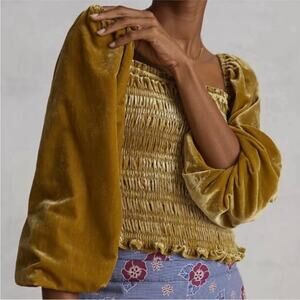 Anthropologie Puff-Sleeved Velvet Blouse Gold Size Small Smocked Boho Festival